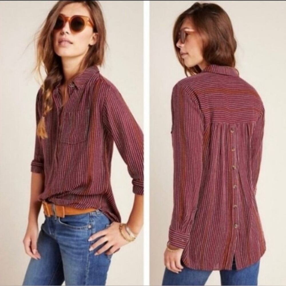ANTHROPOLOGIE Wool Blend Button Back Isadora Maroon Striped Button Down Size M